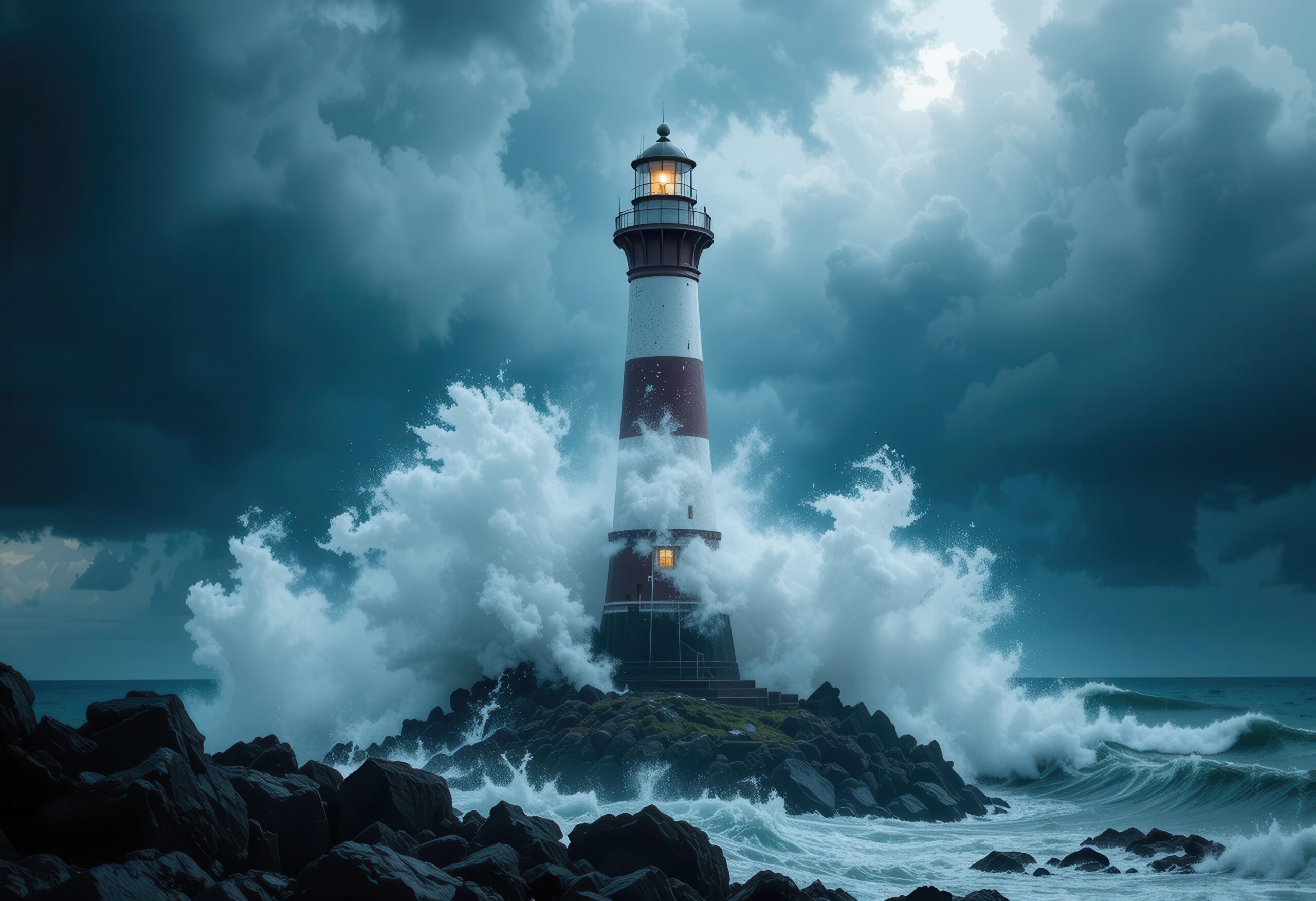 Raging waves crash against a lighthouse during a stormy evening